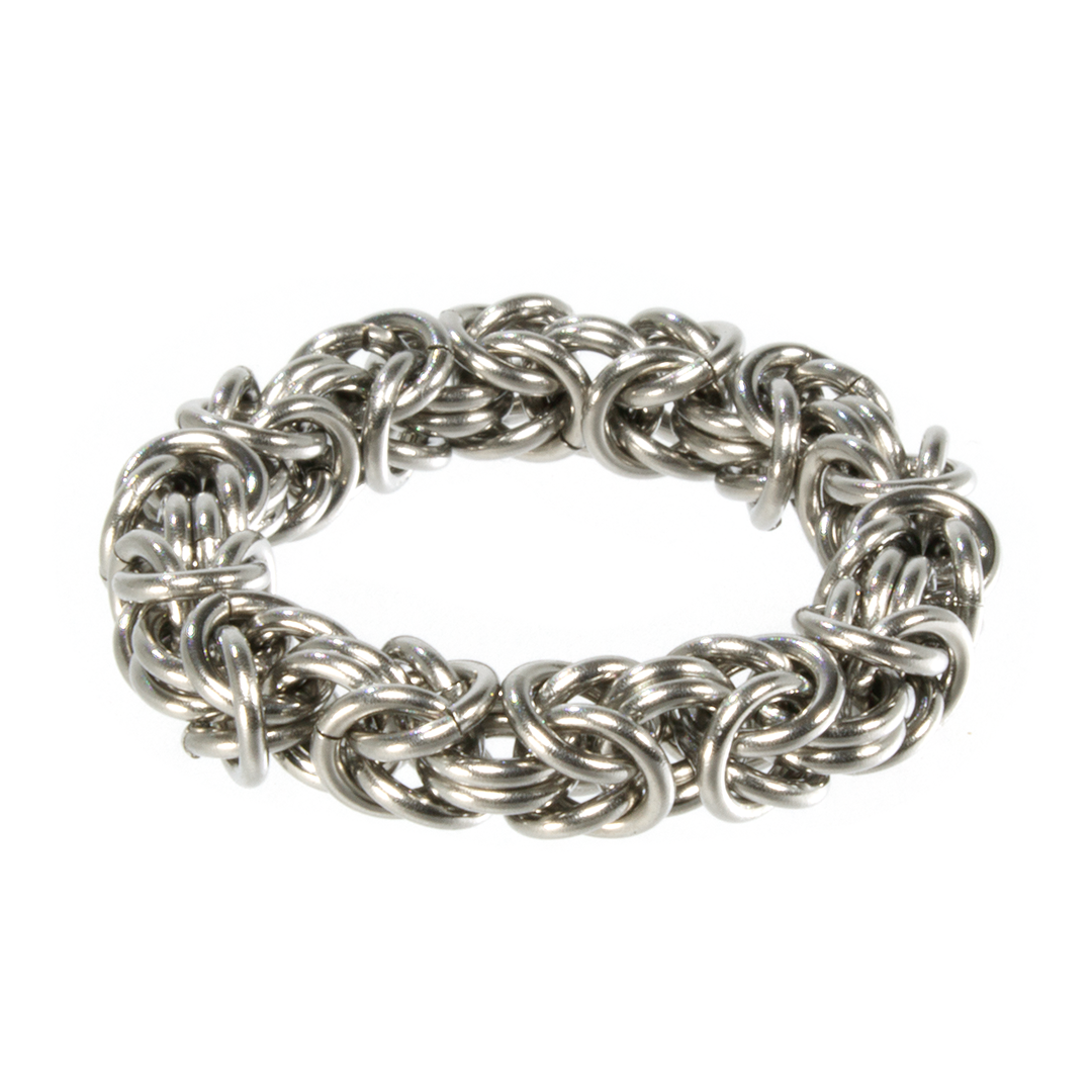 A steel byzantine chainmaille ring.