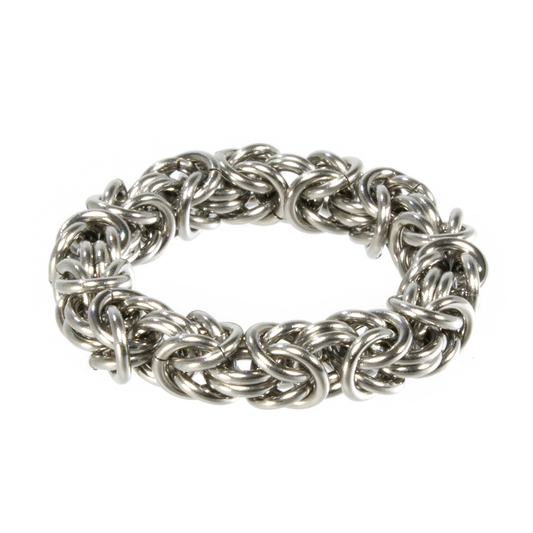 A steel byzantine chainmaille ring.