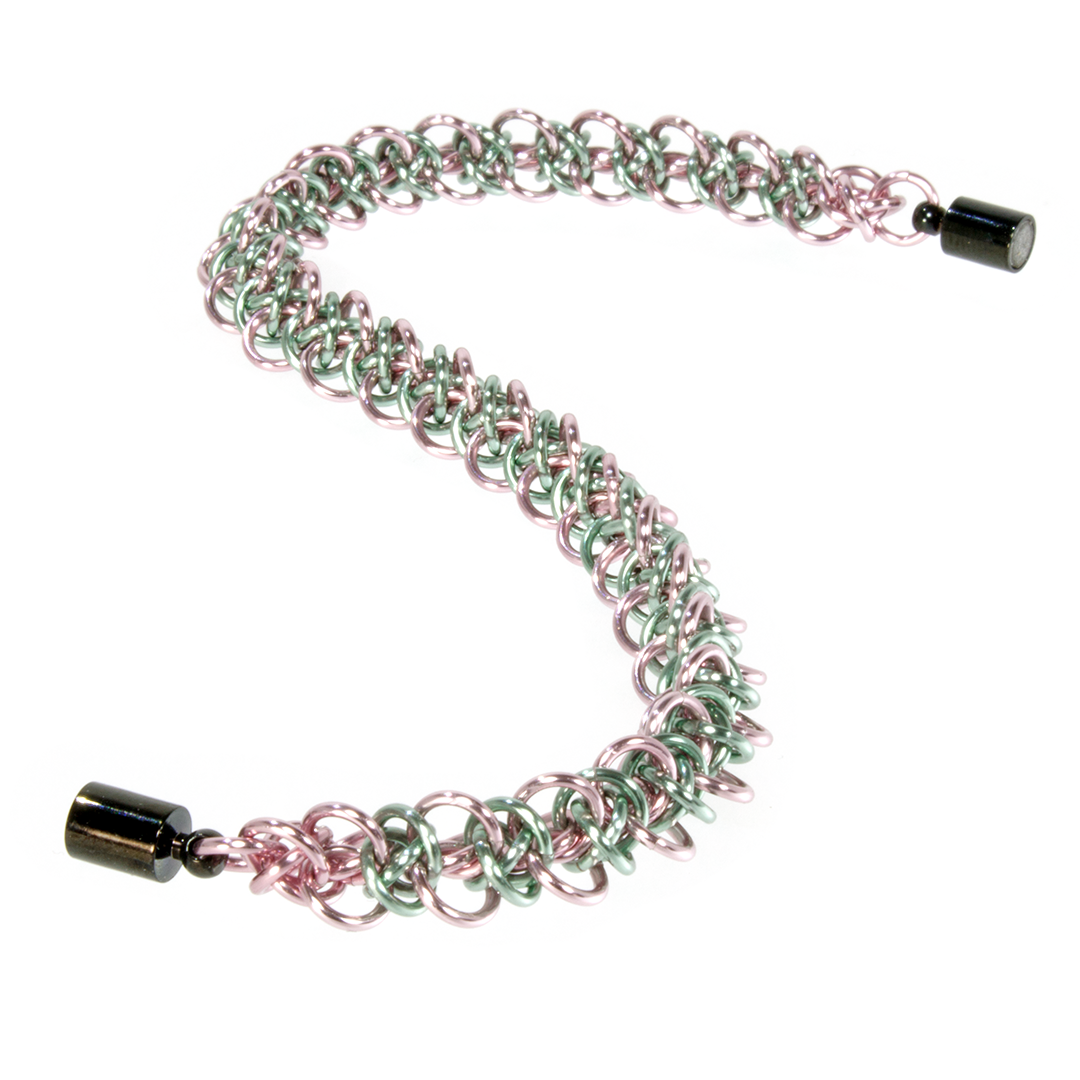 An aluminum triffids chainmaille bracelet.
