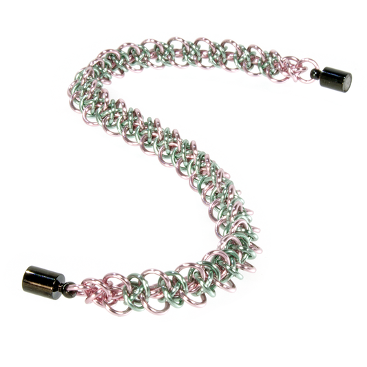 An aluminum triffids chainmaille bracelet.