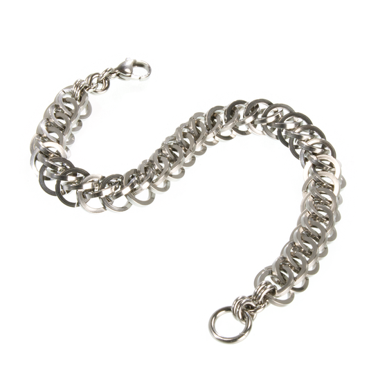 A steel persian chainmaille bracelet.
