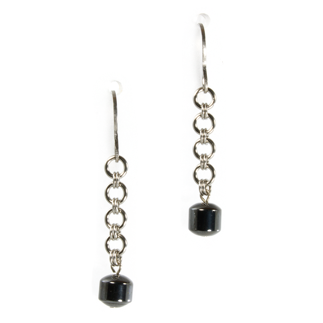 A pair of steel and hematite european drop chainmaille earrings.