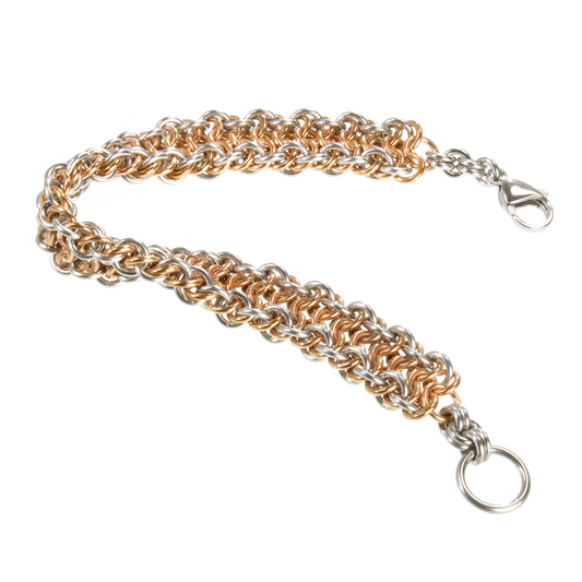 A bronze and steel european chainmaille bracelet.
