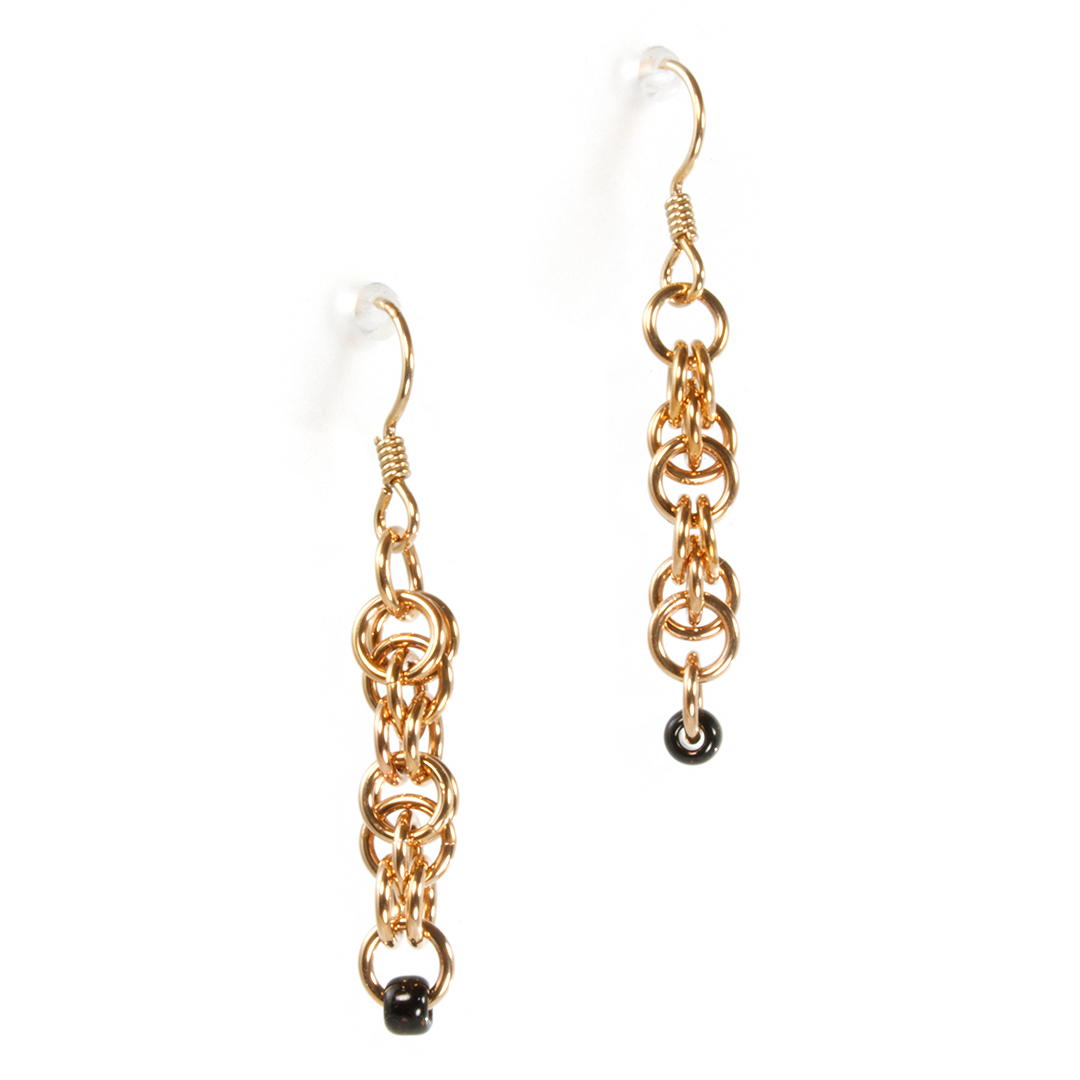 A pair of bronze lunera drop chainmaille earrings.