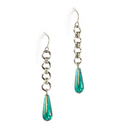 A pair of steel and czech glass japanese drop chainmaille earrings.