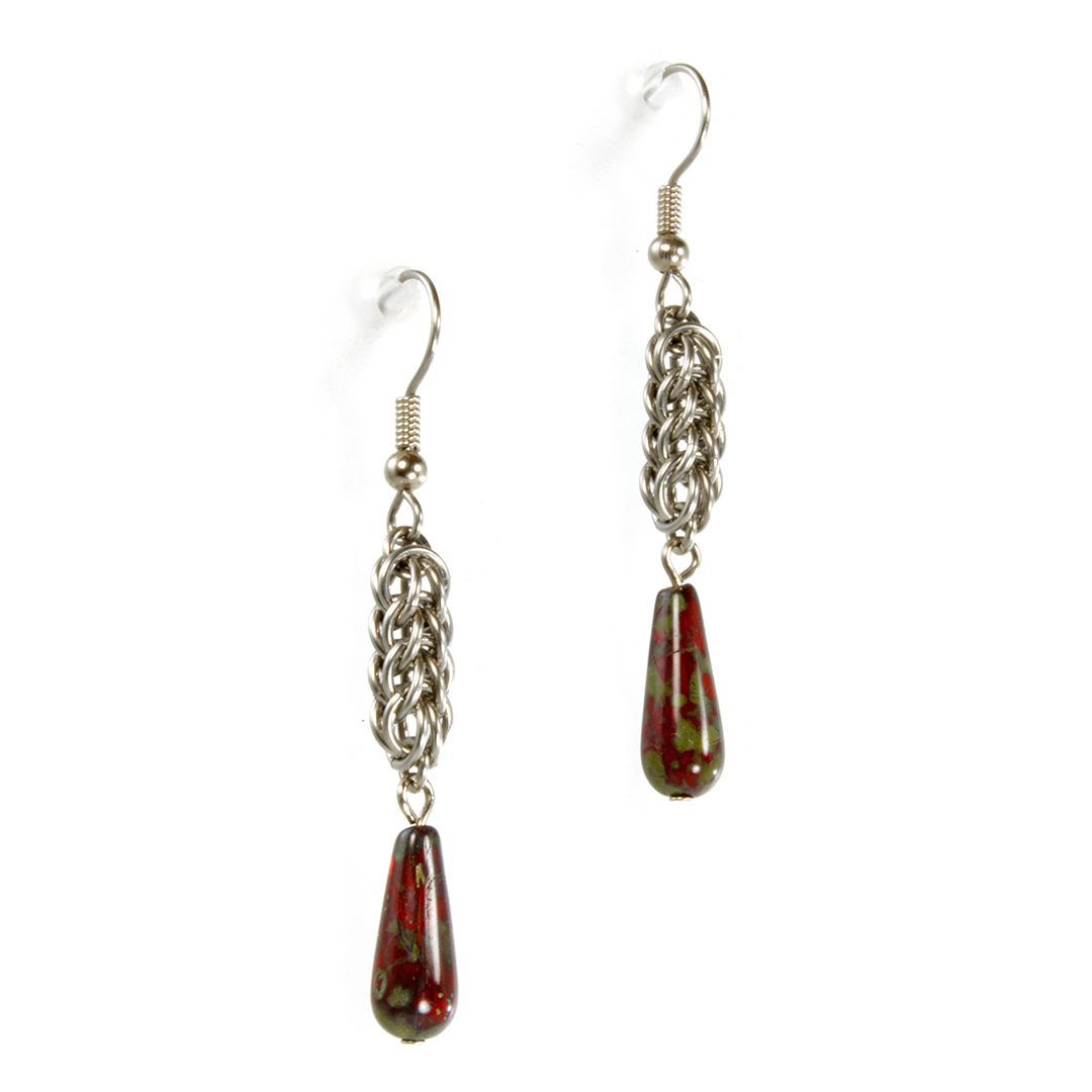 A pair of steel and czech glass persian drop chainmaille earrings.