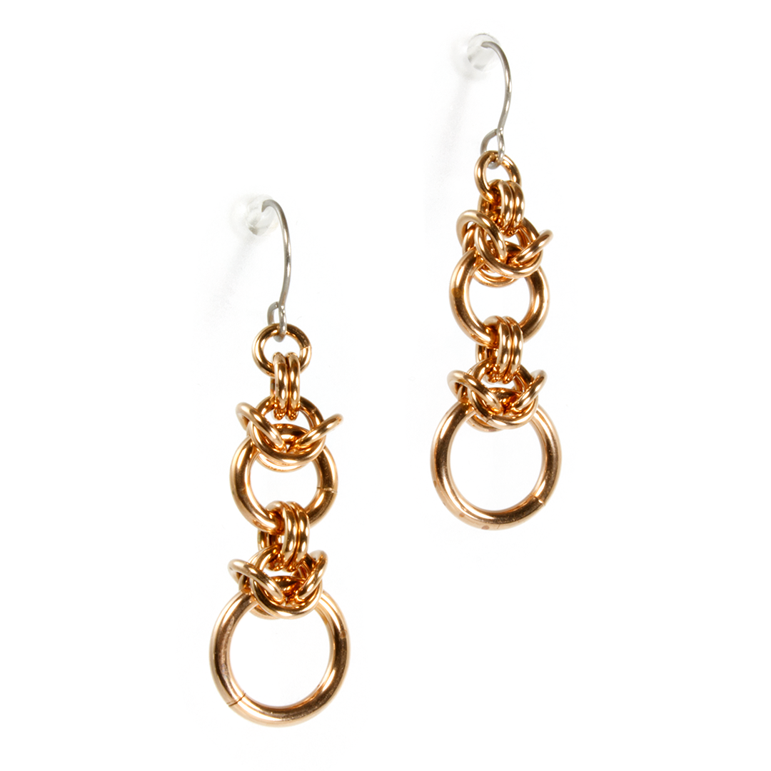 A pair of bronze byzantine drop chainmaille earrings.