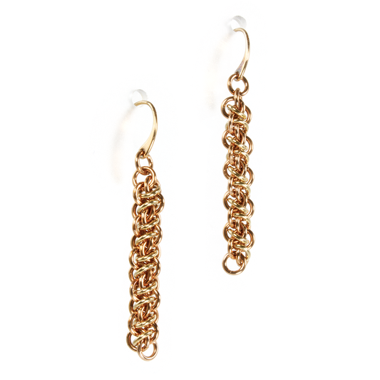 A pair of bronze emira drop chainmaille earrings.