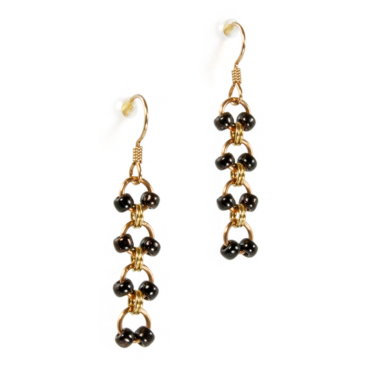 A pair of bronze japanese drop chainmaille earrings.