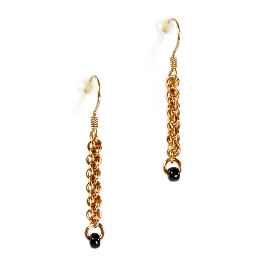A pair of bronze jens pind linkage drop chainmaille earrings.